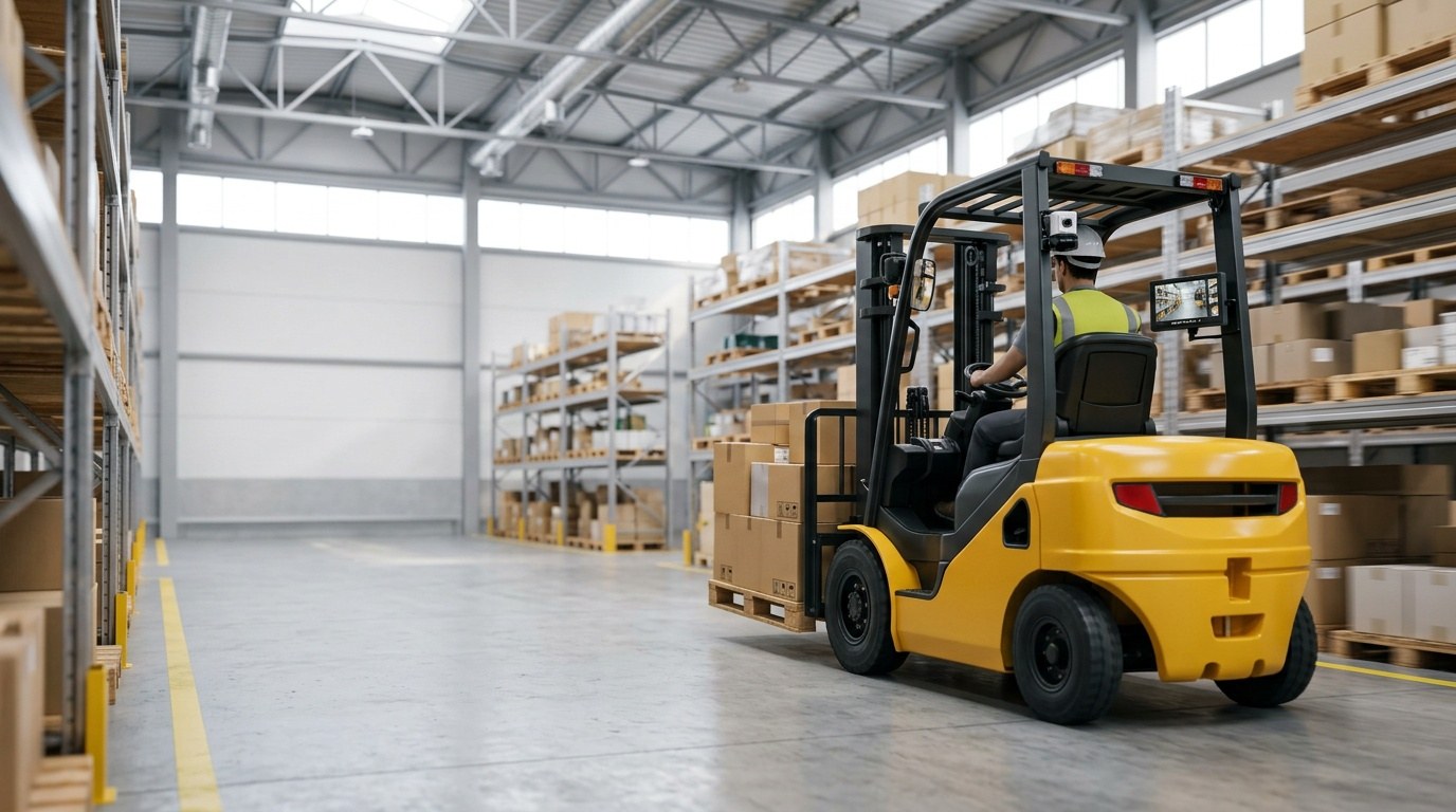 Forklift with a camera and monitor on the overhead guard