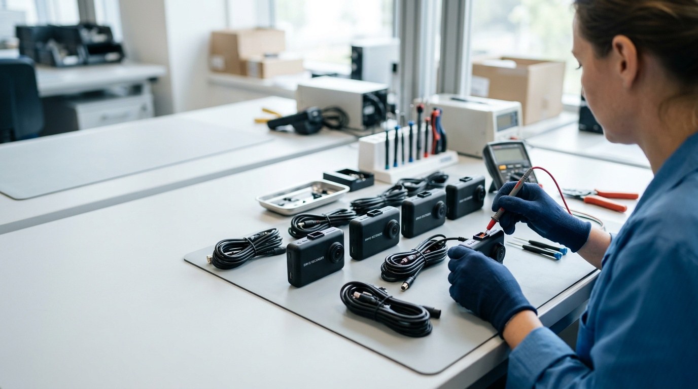 Technician inspecting vehicle recorder units on an assembly bench