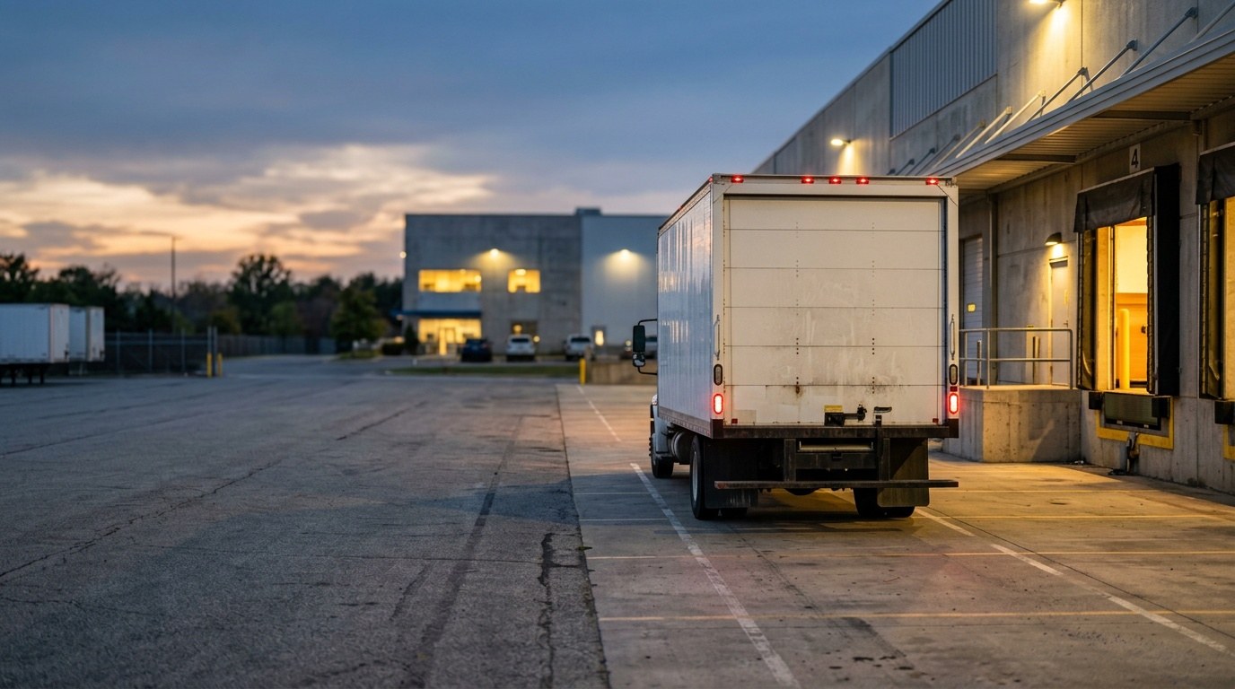 White box truck reversing toward a loading dock at dusk