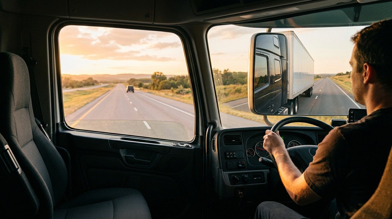 View from a semi truck cab with the trailer visible in the side mirror