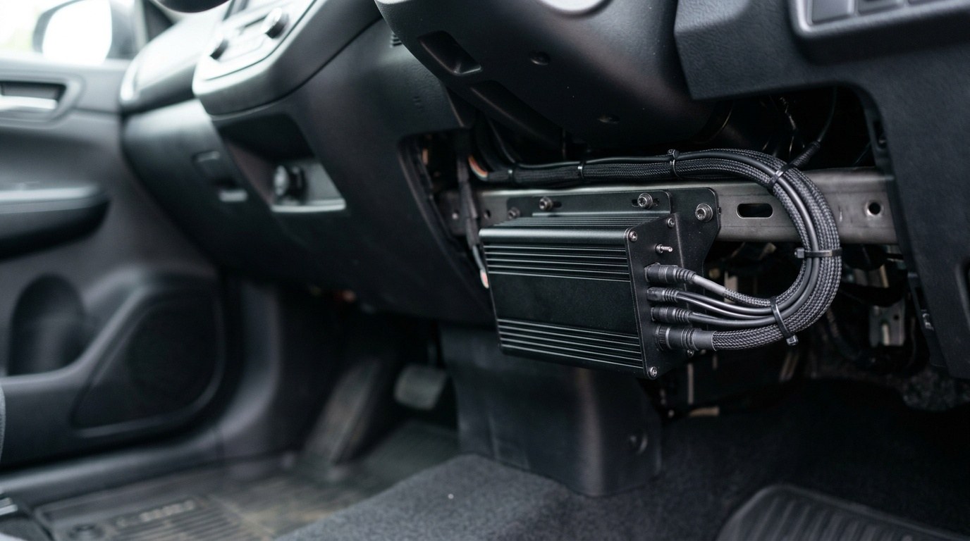 Black vehicle recorder mounted under a dashboard