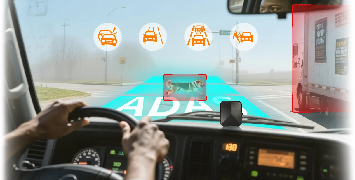 Commercial vehicle camera view on a road