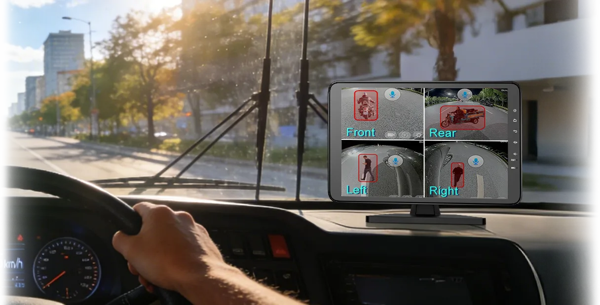 Four camera views joined into a 360 degree vehicle image