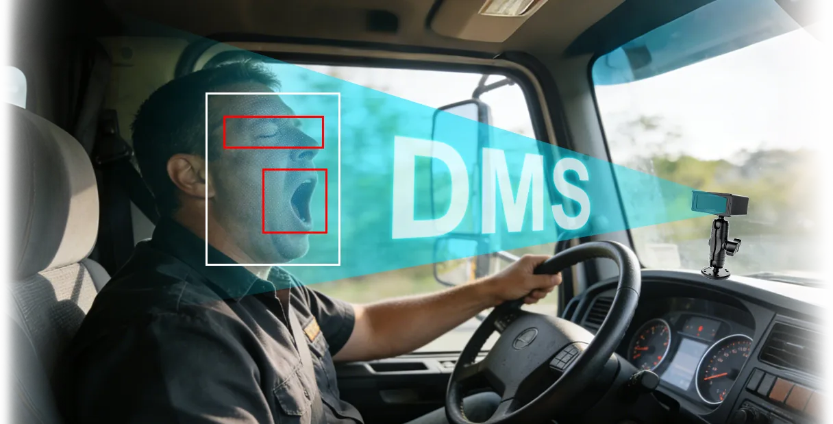 Driver monitoring system showing fatigue and distraction alerts
