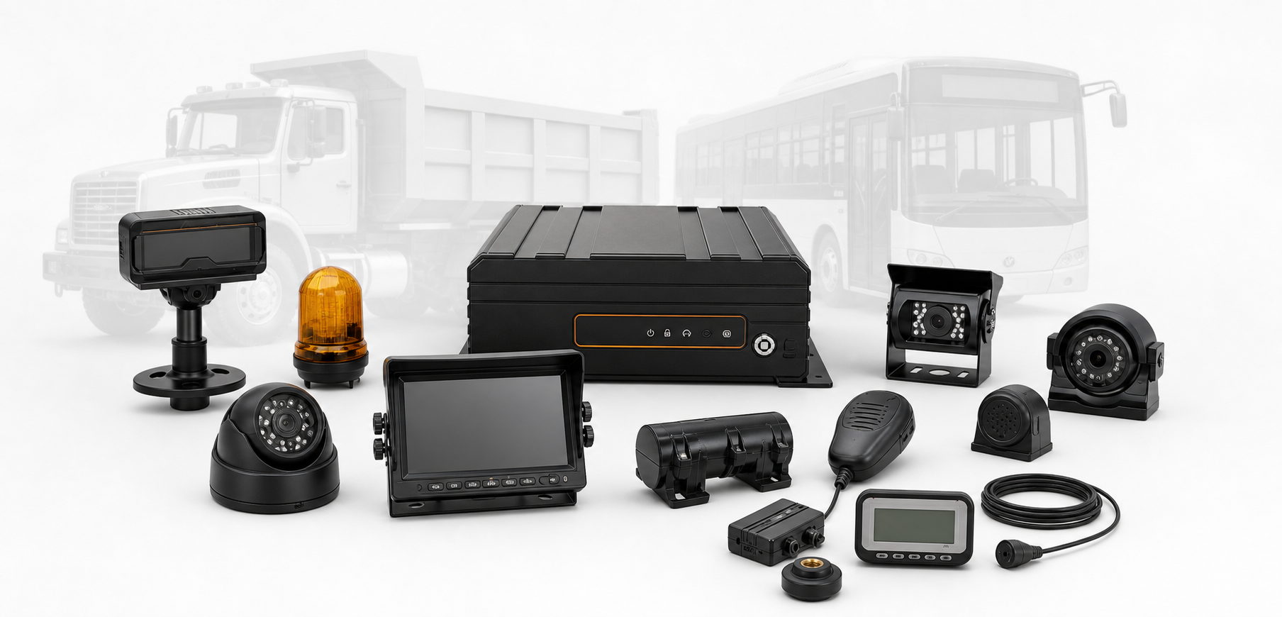 AlwayCare commercial fleet safety product ecosystem including driver monitoring, mobile video recording, cameras, monitors and vehicle accessories