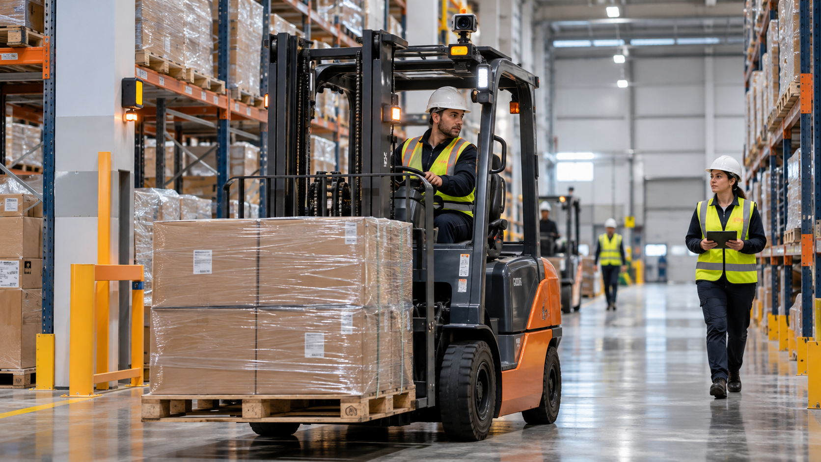Warehouse forklift with UWB proximity warning and anti-collision system for industrial safety