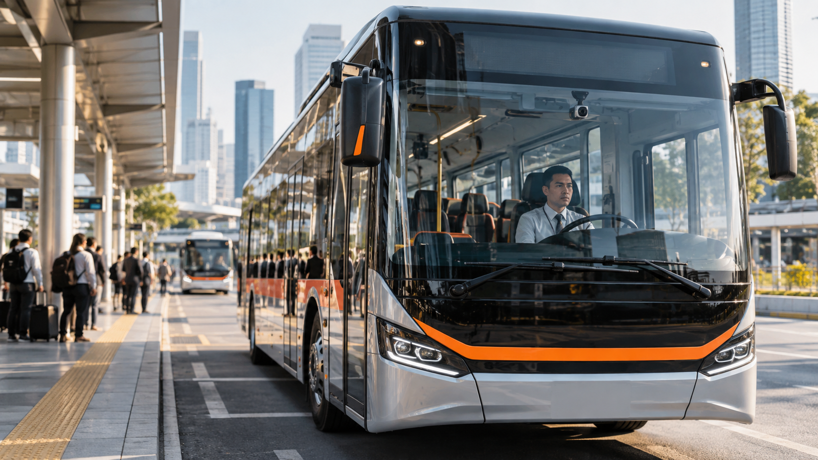 Public city bus with driver monitoring system and passenger counting cameras for urban transit safety