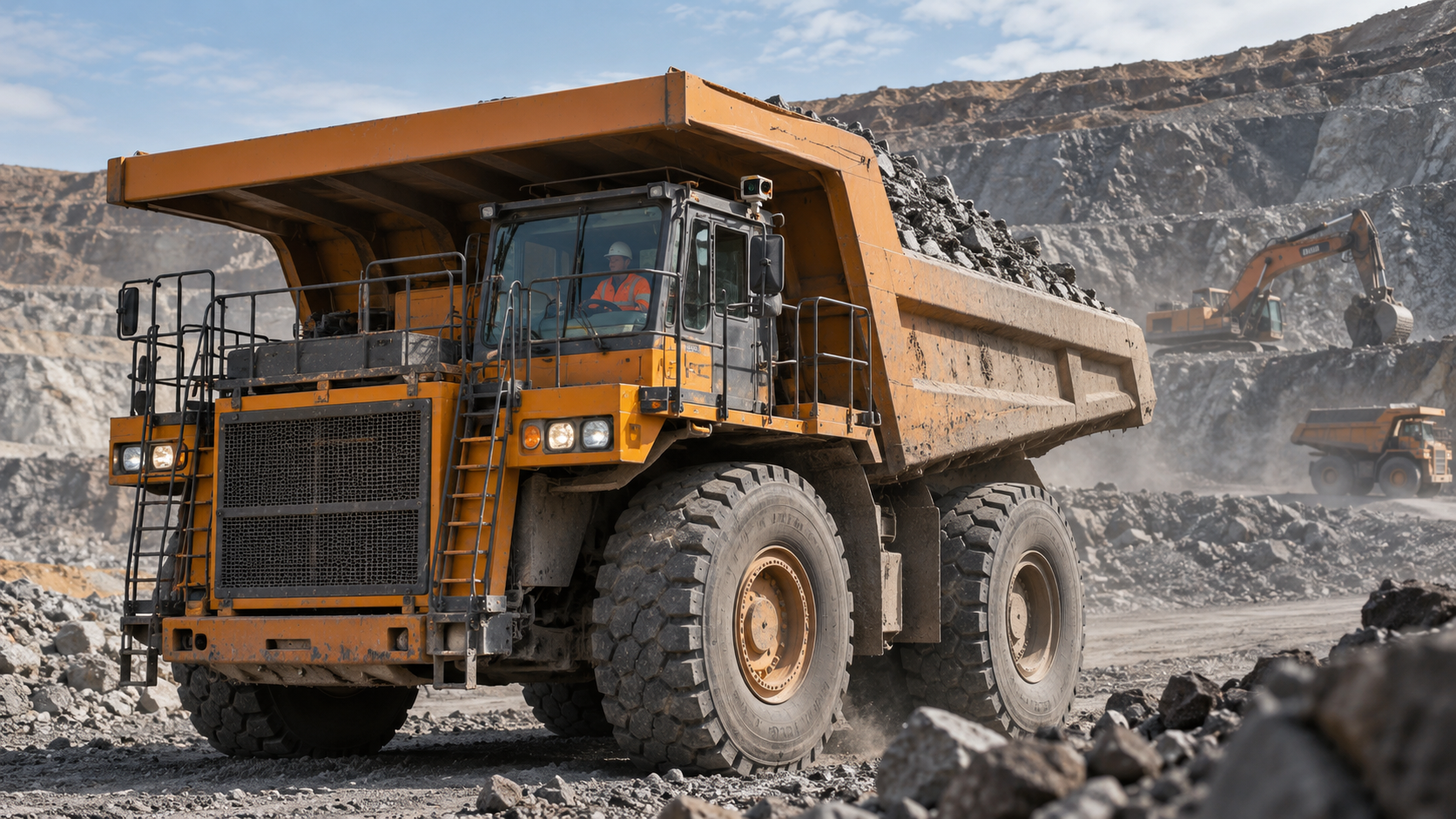 Mining dump truck equipped with AI monitoring cameras for open-pit mine fleet safety