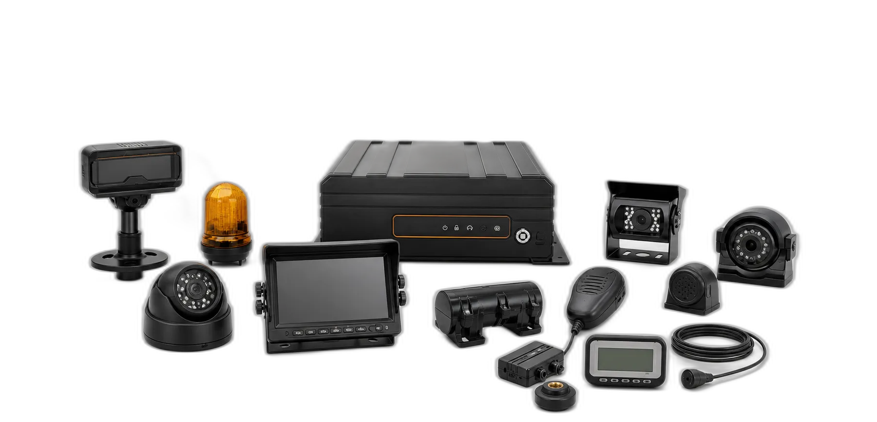 AlwayCare commercial fleet safety product ecosystem including driver monitoring, mobile video recording, cameras, monitors and vehicle accessories