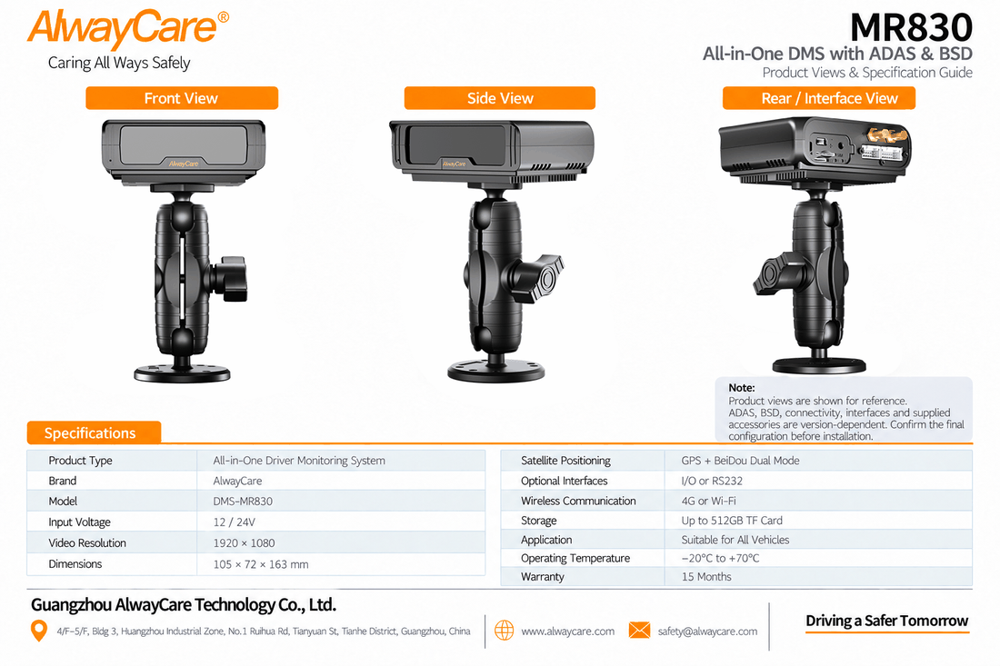AlwayCare MR830 All-in-One DMS with ADAS, BSD and Driver Fatigue Alerts Specifications and Product Views
