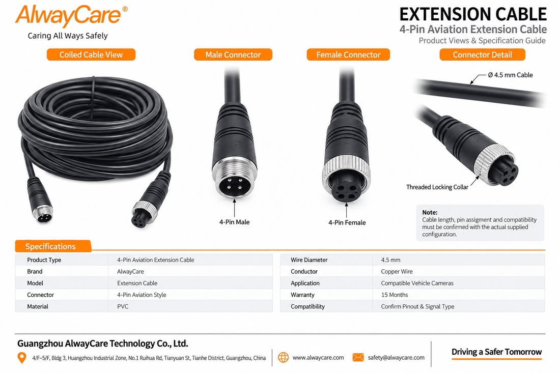 AlwayCare 4-Pin Aviation Extension Cable for Vehicle Cameras Specifications and Product Views