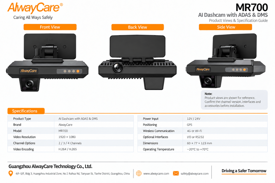 AlwayCare MR700 AI Dashcam with ADAS and DMS for Fleets Specifications and Product Views