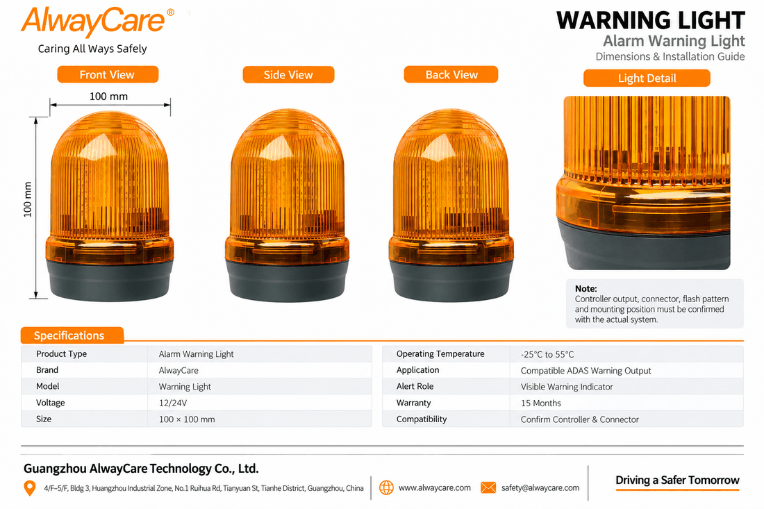 AlwayCare Alarm Warning Light for ADAS Vehicle Systems Specifications and Product Views
