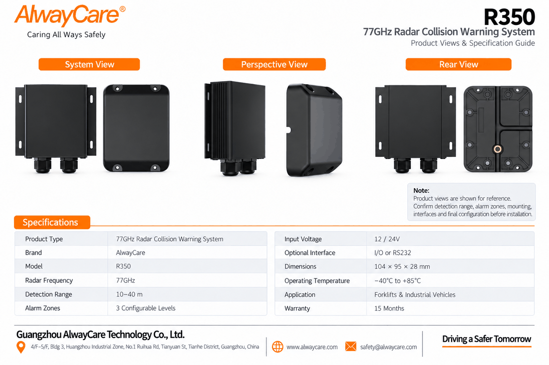 AlwayCare R350 77GHz Radar Collision Warning System for Forklifts Specifications and Product Views