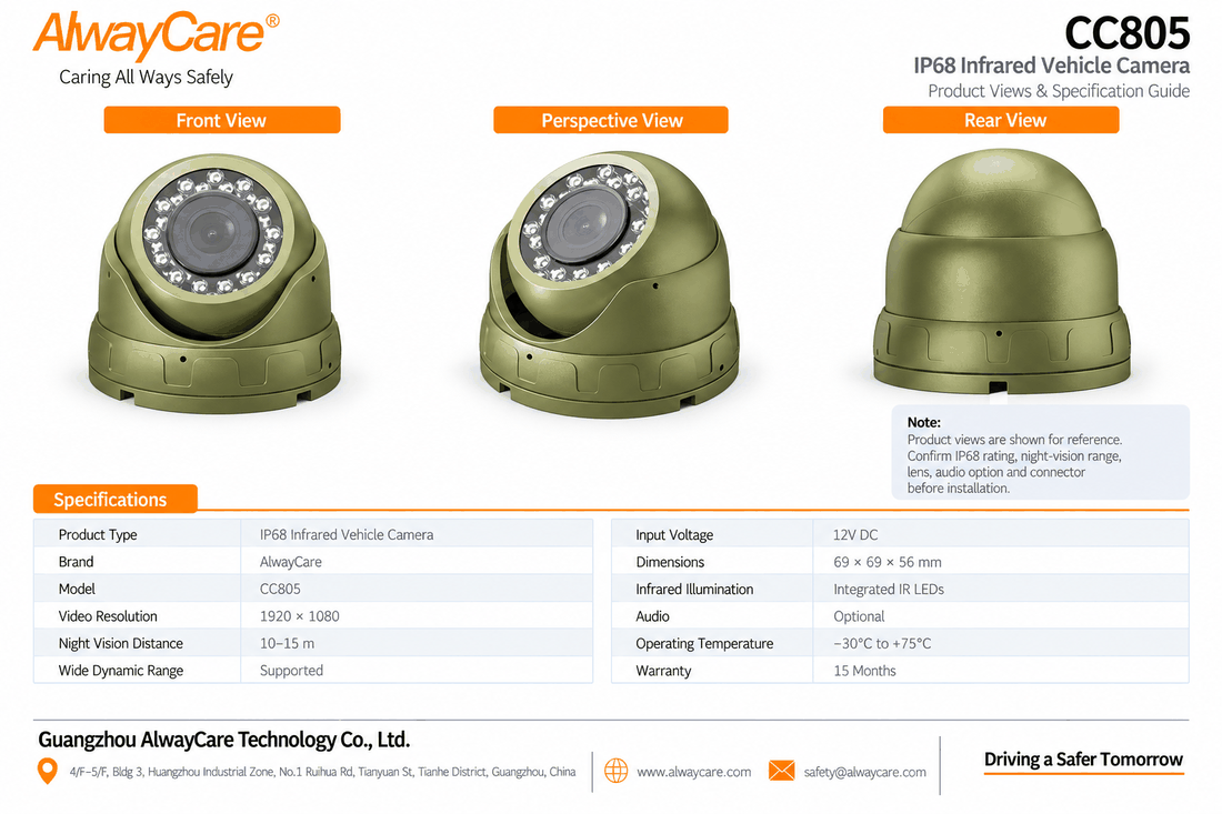 AlwayCare CC805 IP68 Infrared Vehicle Camera for Fleets Specifications and Product Views