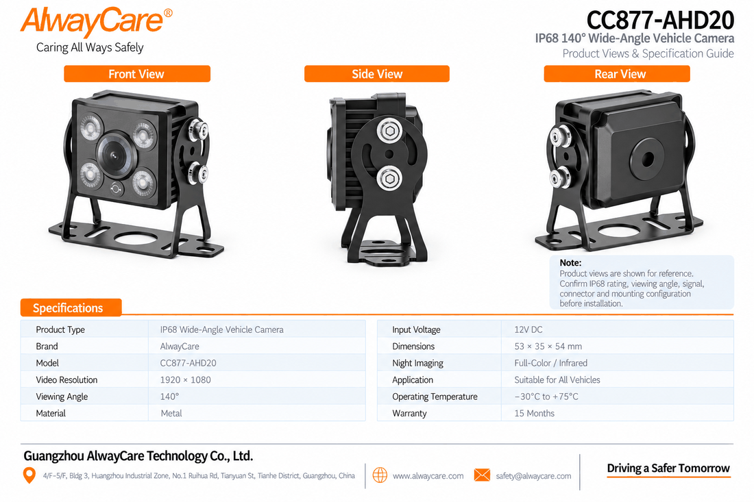 AlwayCare CC877-AHD20 IP68 140° Wide-Angle Vehicle Camera Specifications and Product Views