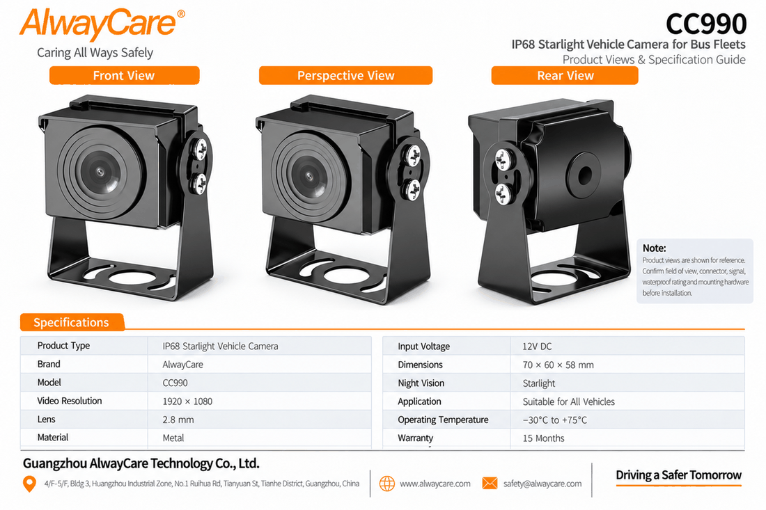 AlwayCare CC990 IP68 Starlight Vehicle Camera for Bus Fleets Specifications and Product Views
