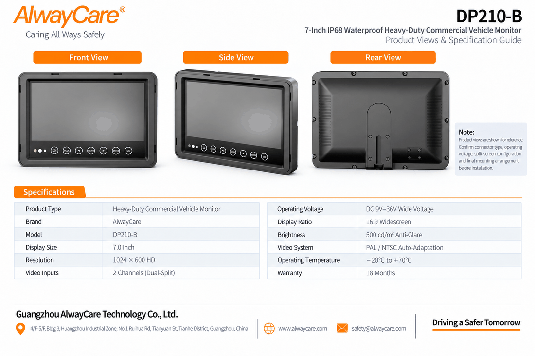 AlwayCare DP210-B 7" IP68 Waterproof Heavy-Duty Commercial Vehicle Monitor Specifications and Product Views