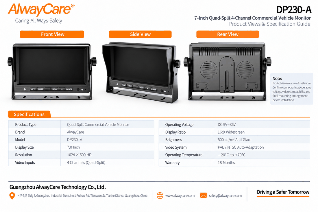 AlwayCare DP230-A 7" Quad-Split 4-Channel Commercial Vehicle Monitor Specifications and Product Views