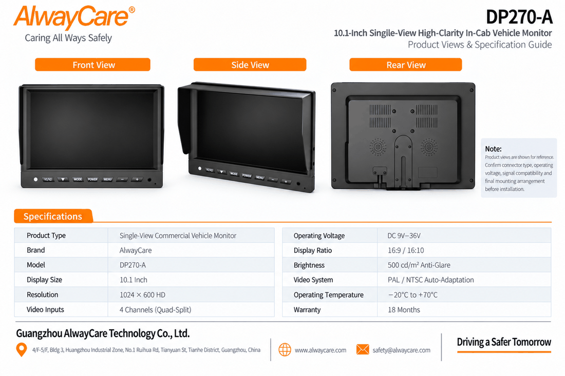 AlwayCare DP270-A 10.1" Single-View High-Clarity In-Cab Vehicle Monitor Specifications and Product Views