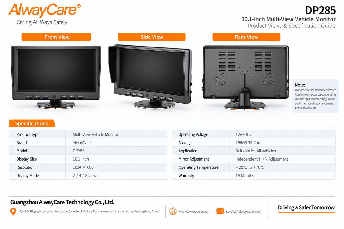 AlwayCare DP285 10.1-Inch Multi-View Vehicle Monitor Specifications and Product Views