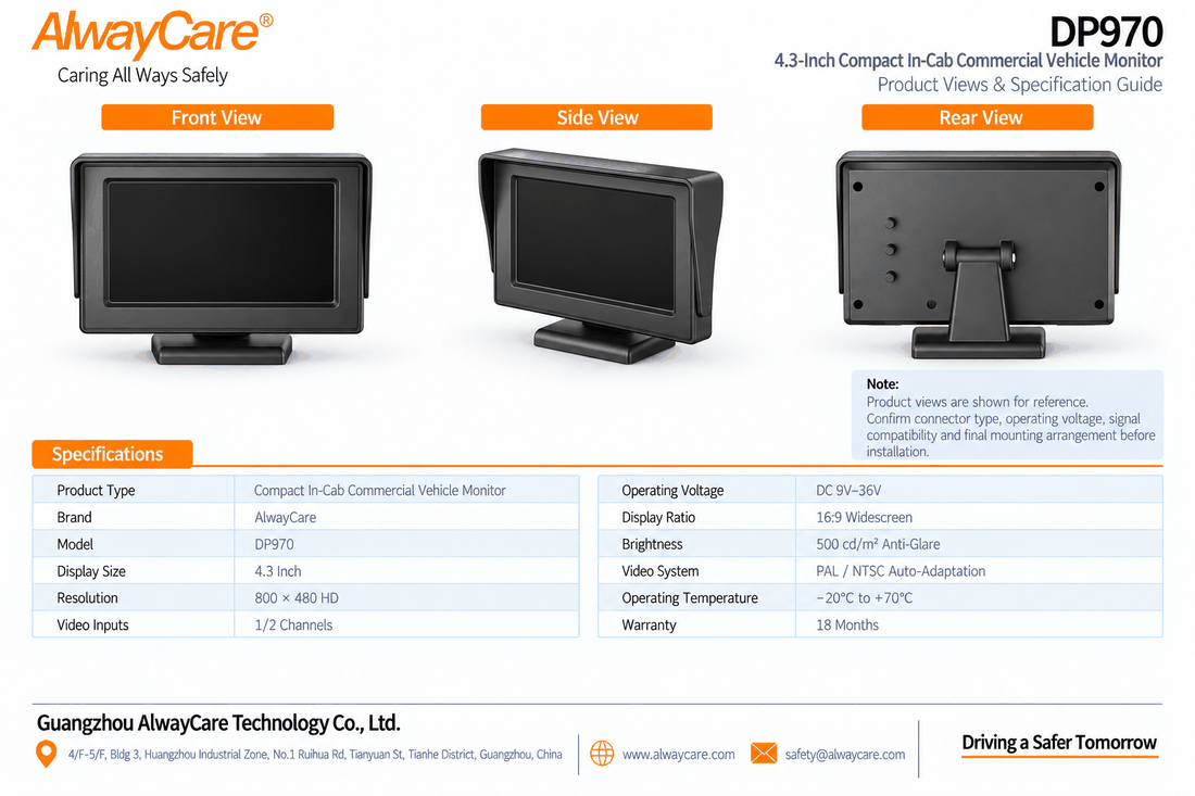 AlwayCare DP970 4.3" Compact In-Cab Commercial Vehicle Monitor Specifications and Product Views
