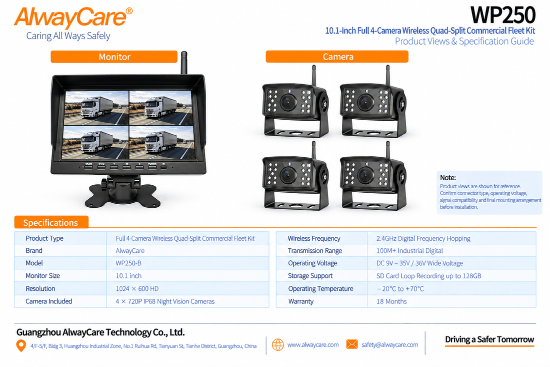 AlwayCare WP250-B 10.1" Full 4-Camera Wireless Quad-Split Commercial Fleet Kit Specifications and Product Views