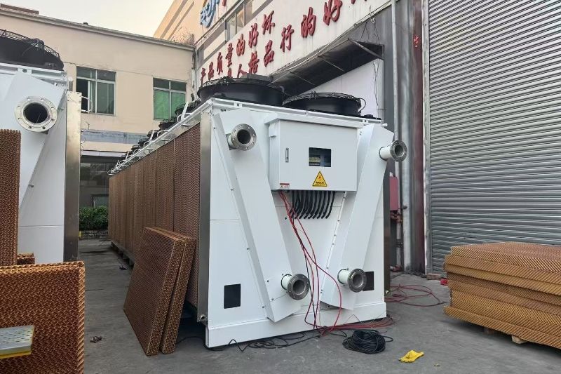 V-type dry cooler with wet pads for adiabatic air cooling - representative Boyi product used in environments requiring combined heat rejection and electrical safety listings