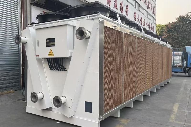 667KW V-type dry cooler with wet pads prepared for export shipment to a Middle East data center