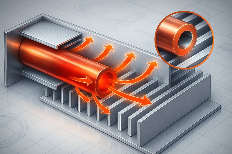 Diagram showing heat transfer in a fin and tube heat exchanger