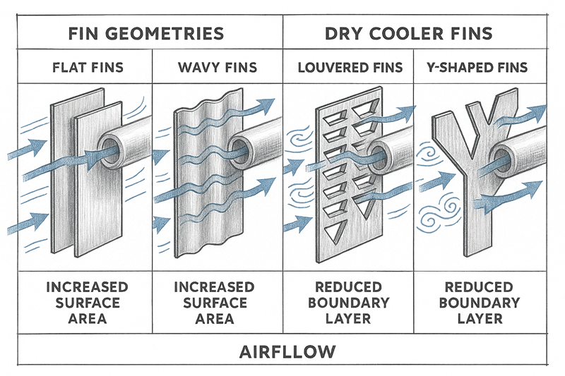 Close-up of innovative wavy fin geometry on a dry cooler