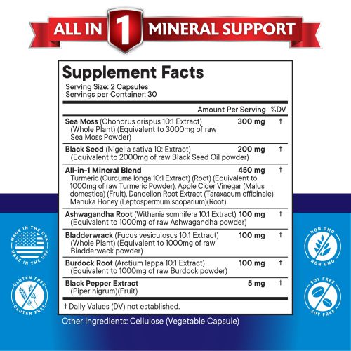 Oranvital Sea Moss Black Seed Oil Ashwagandha Capsules Seamoss Black Seed Oil Ashwagandha Burdock Root Sea Moss and Ashwagandha, All in One Supplement 120 Sea Moss Capsules