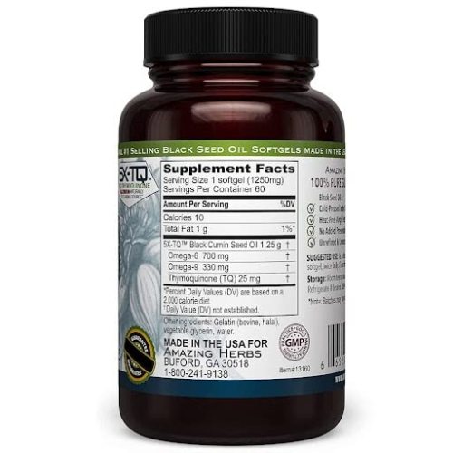 Oranvital Black Seed Oil Capsules High Potency Cold Pressed Nigella Sativa Aids in Digestive Health Immune Support Brain Function 60 Count 1250mg