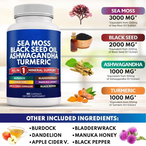 Oranvital Sea Moss Black Seed Oil Ashwagandha Capsules Seamoss Black Seed Oil Ashwagandha Burdock Root Sea Moss and Ashwagandha, All in One Supplement 120 Sea Moss Capsules