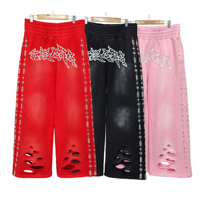 Custom Men's Flare Sweatpants Supplier | Manufacturers Vintage Rhinestone Sweatpant Men | Acid Wash Distressed Rhinestone Sweatpants