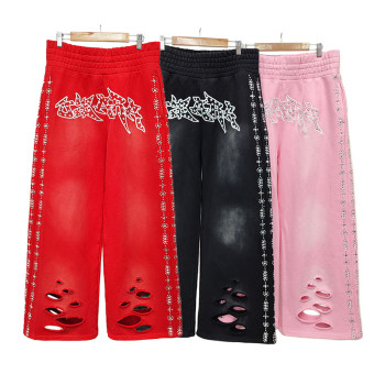 Custom Men's Flare Sweatpants Supplier | Manufacturers Vintage Rhinestone Sweatpant Men | Acid Wash Distressed Rhinestone Sweatpants
