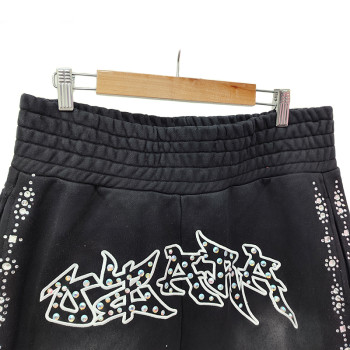 Unisex Black Stacked Sweatpants Supplier | Csustom Design Acid Wash Flare With Rhinestone | Baggy Oversized Sweatpants Manufacturers