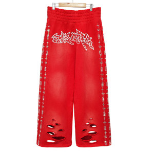 Custom Men's Flare Sweatpants Supplier | Manufacturers Vintage Rhinestone Sweatpant Men | Acid Wash Distressed Rhinestone Sweatpants