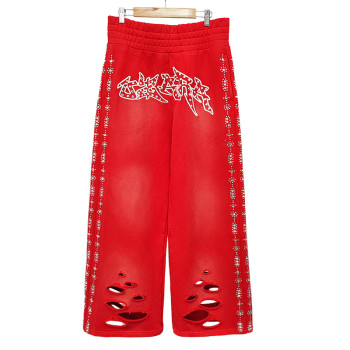 Custom Men's Flare Sweatpants Supplier | Manufacturers Vintage Rhinestone Sweatpant Men | Acid Wash Distressed Rhinestone Sweatpants