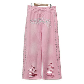 Flared Baggy Men's Sweatpants With Rhinestone | Manufacturers Cotton Acid Wash Joggers | Custom Washed Distressed Vintage Sweatpants