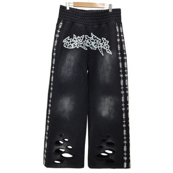 Unisex Black Stacked Sweatpants Supplier | Csustom Design Acid Wash Flare With Rhinestone | Baggy Oversized Sweatpants Manufacturers
