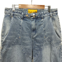 Straight-Leg Jeans With Seam Details | Manufacturers Twisted Workwear Denim Jeans | Vintage Washed Blue Zipper Wide Leg Jeans