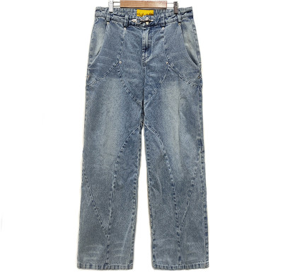 Straight-Leg Jeans With Seam Details | Manufacturers Twisted Workwear Denim Jeans | Vintage Washed Blue Zipper Wide Leg Jeans