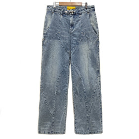 Straight-Leg Jeans With Seam Details | Manufacturers Twisted Workwear Denim Jeans | Vintage Washed Blue Zipper Wide Leg Jeans