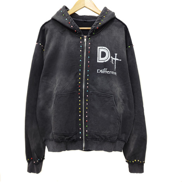 Rhinestone Vintage Acid Wash Hoodie Top Supplier | Manufacturer Washed Zip up Hoodies | Customized Cotton Men Hoodies
