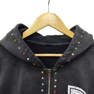 Rhinestone Vintage Acid Wash Hoodie Top Supplier | Manufacturer Washed Zip up Hoodies | Customized Cotton Men Hoodies