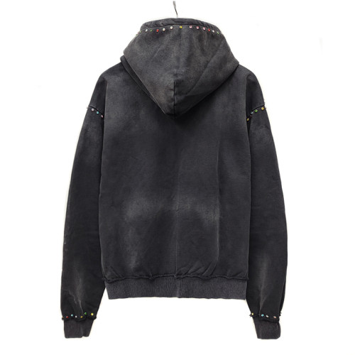 Rhinestone Vintage Acid Wash Hoodie Top Supplier | Manufacturer Washed Zip up Hoodies | Customized Cotton Men Hoodies
