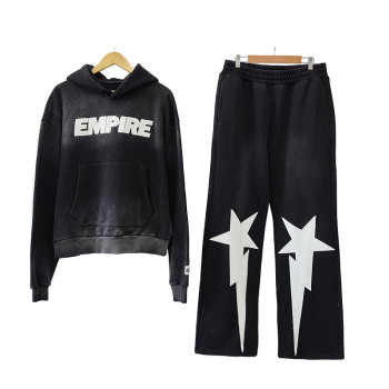 Custom Streetwear Vintage Wash Tracksuits Manufacturers | Embroidery Men's Oversized Sweatsuits Stacked Hoodie and Jogger Set OEM Clothing Factory