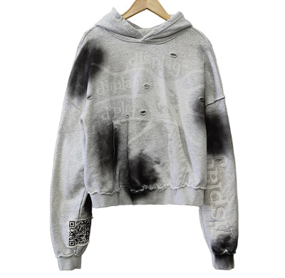 Custom Vintage Embroidery Patch Hoodies Manufacturers | Oversided Cropped Raw Hem Hoodie Supplier | Men's Boxy Retro Hight Street Top Factory