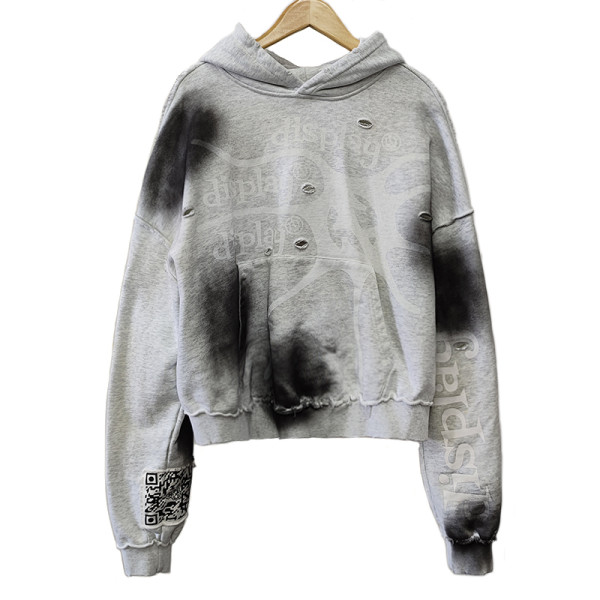 Custom Vintage Embroidery Patch Hoodies Manufacturers | Oversided Cropped Raw Hem Hoodie Supplier | Men's Boxy Retro Hight Street Top Factory